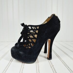 Prada Suede Black Cut Out Lace Front Back Zip High Heeled Ankle Boots E731